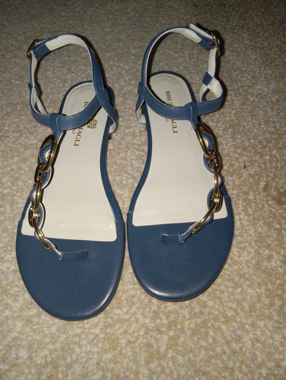 Bruno Magli Navy Blue Leather T-Strap Sandal with Gold Chain